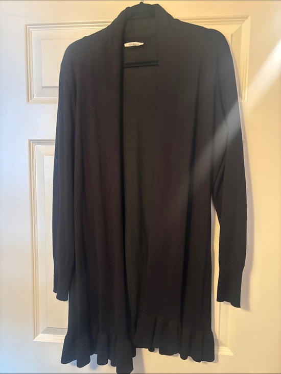 Vila Milano Sweaters - Black Open-Front Ruffle Cardigan Long